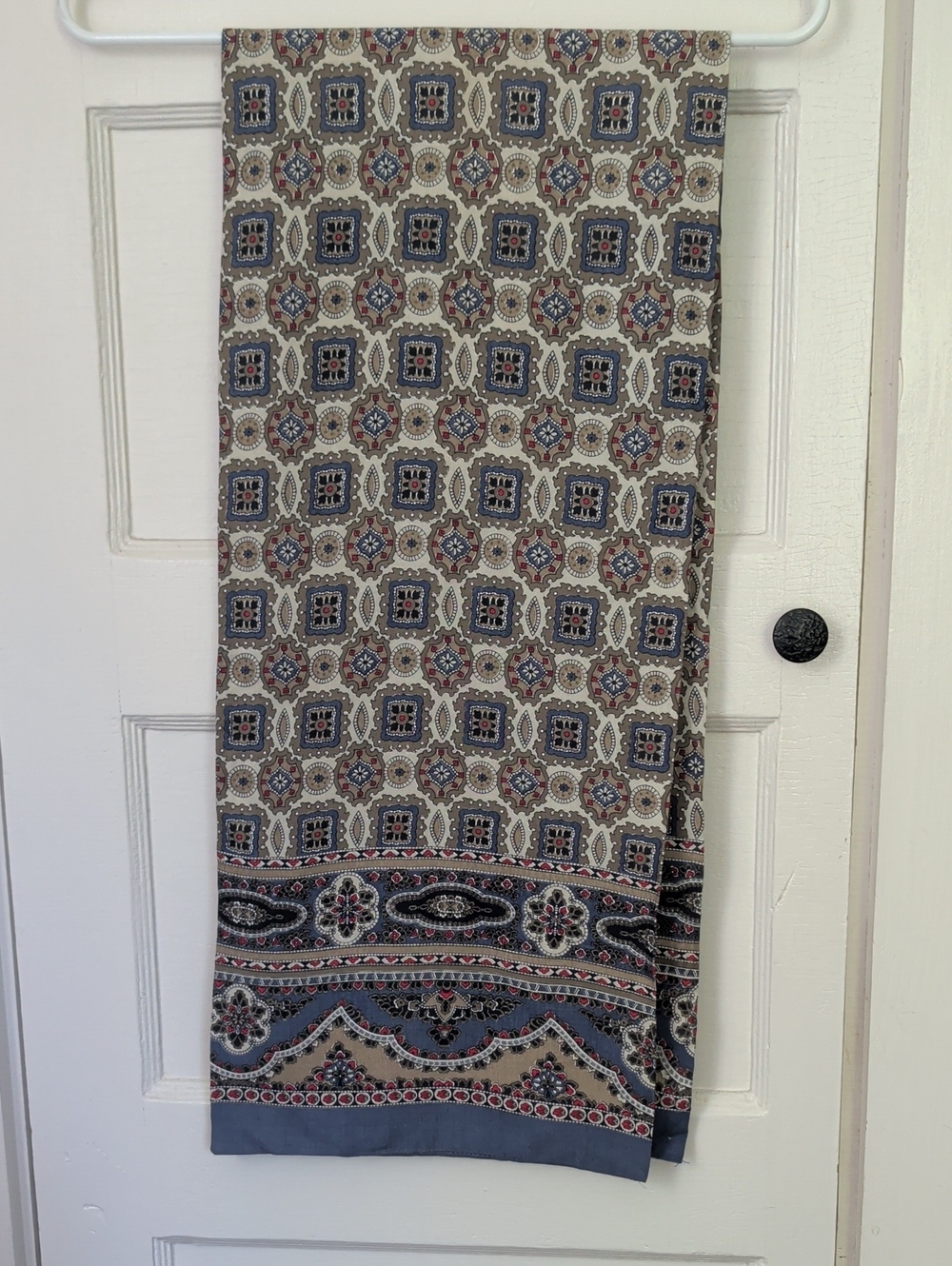 Misty Harbor Scarf Rayon Printed Geometric Border Blue Classic Timeless Vintage